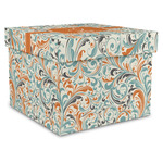 Orange & Blue Leafy Swirls Gift Box with Lid - Canvas Wrapped - X-Large (Personalized)