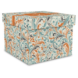 Orange & Blue Leafy Swirls Gift Box with Lid - Canvas Wrapped - X-Large (Personalized)
