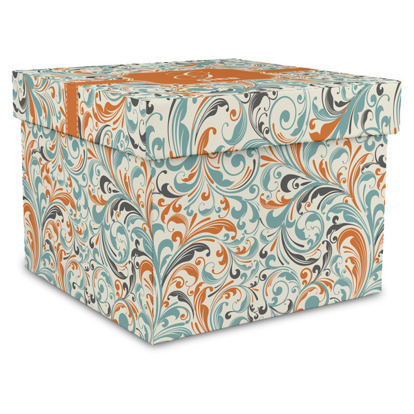 Custom Orange & Blue Leafy Swirls Gift Box with Lid - Canvas Wrapped - X-Large (Personalized)