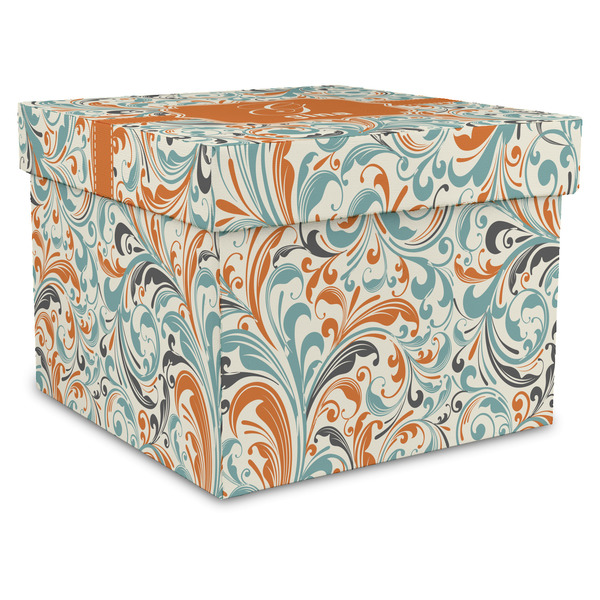 Custom Orange & Blue Leafy Swirls Gift Box with Lid - Canvas Wrapped - XX-Large (Personalized)
