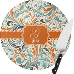 Orange & Blue Leafy Swirls Round Glass Cutting Board - Medium (Personalized)