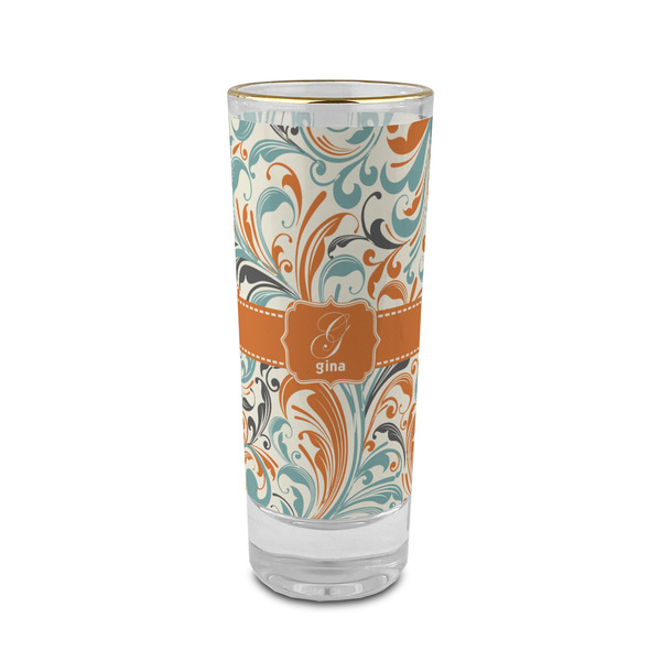 Custom Orange & Blue Leafy Swirls 2 oz Shot Glass - Glass with Gold Rim (Personalized)