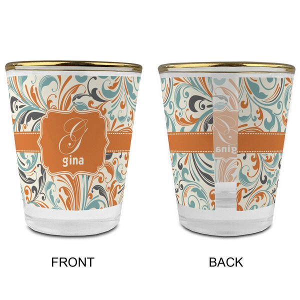 Orange & Blue Leafy Swirls Glass Shot Glass - with gold rim - APPROVAL