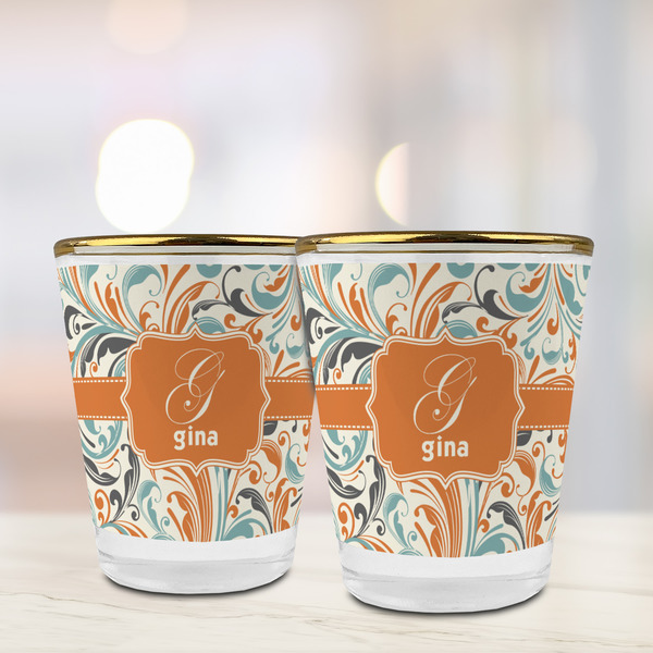 Orange & Blue Leafy Swirls Glass Shot Glass - with gold rim - LIFESTYLE
