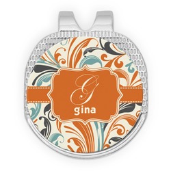 Orange & Blue Leafy Swirls Golf Ball Marker - Hat Clip - Silver