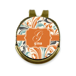 Orange & Blue Leafy Swirls Golf Ball Marker - Hat Clip - Gold