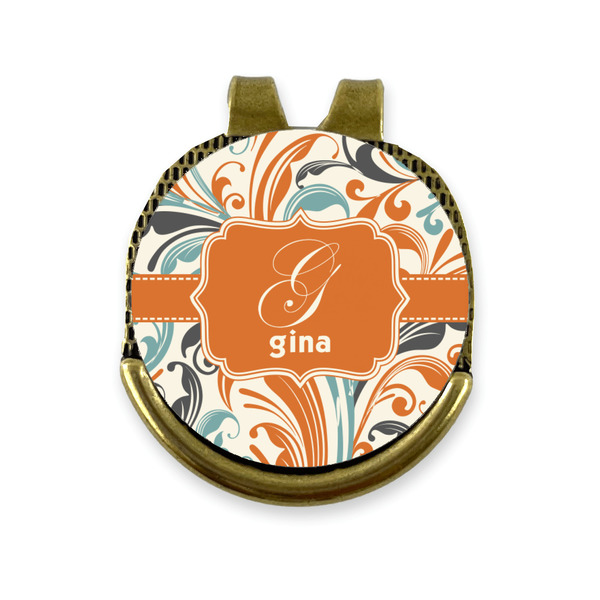 Custom Orange & Blue Leafy Swirls Golf Ball Marker - Hat Clip - Gold