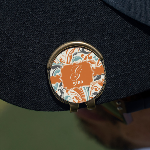 Orange & Blue Leafy Swirls Golf Ball Marker Hat Clip - Gold - On Hat