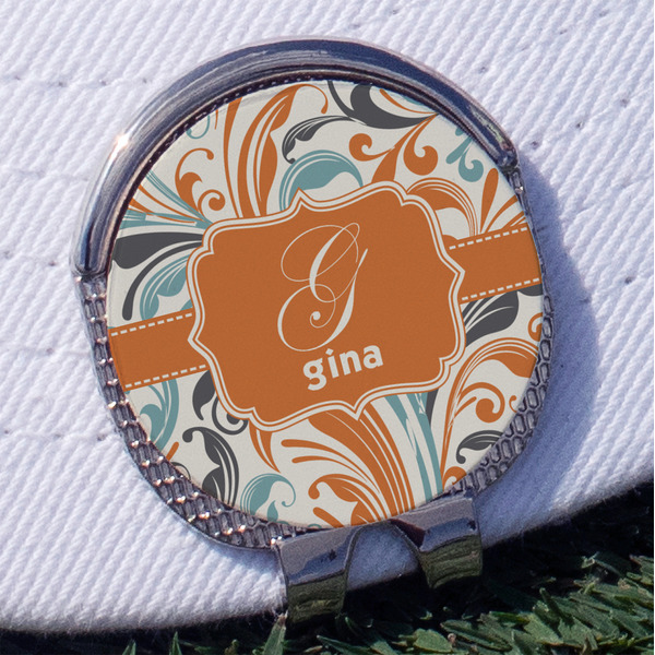 Custom Orange & Blue Leafy Swirls Golf Ball Marker - Hat Clip