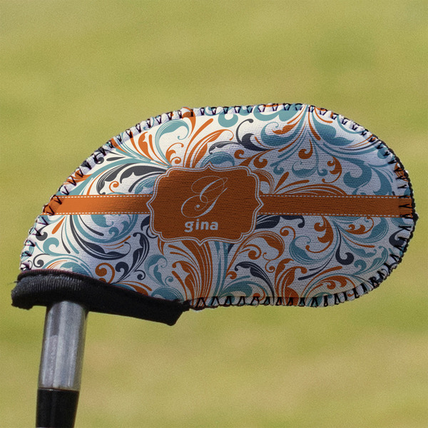Custom Orange & Blue Leafy Swirls Golf Club Iron Cover - Single (Personalized)