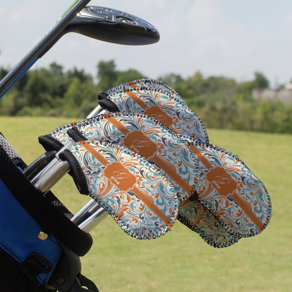 Custom Orange & Blue Leafy Swirls Golf Club Iron Cover - Set of 9 (Personalized)
