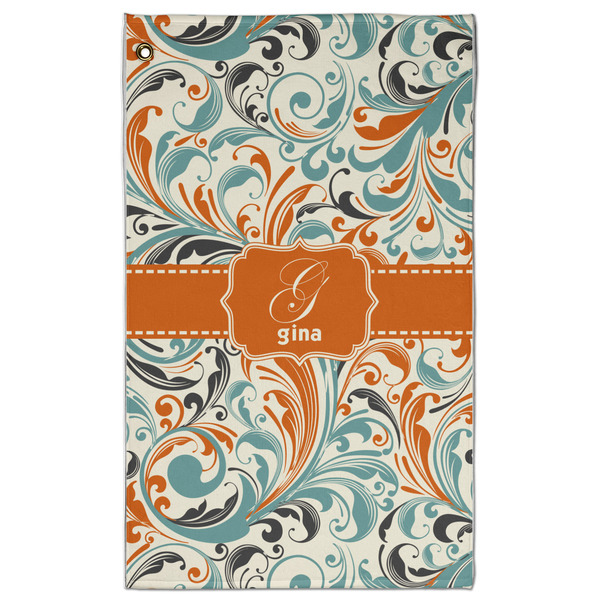 Custom Orange & Blue Leafy Swirls Golf Towel - Poly-Cotton Blend w/ Name and Initial