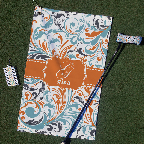 Custom Orange & Blue Leafy Swirls Golf Towel Gift Set (Personalized)