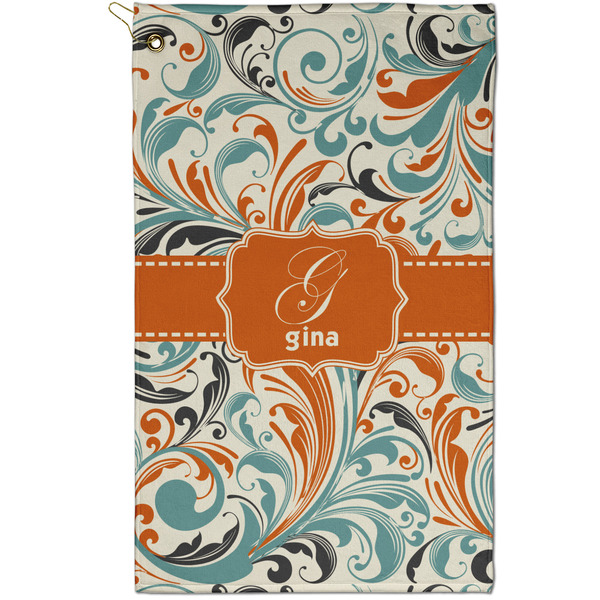 Custom Orange & Blue Leafy Swirls Golf Towel - Poly-Cotton Blend - Small w/ Name and Initial
