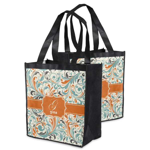 Orange & Blue Leafy Swirls Grocery Bag - MAIN