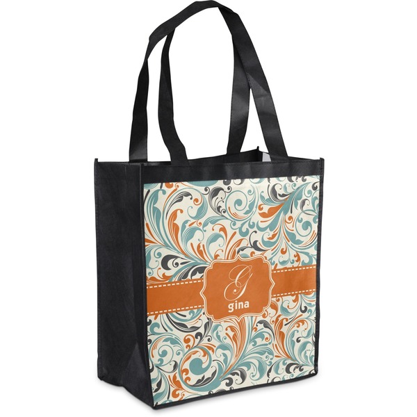 Custom Orange & Blue Leafy Swirls Grocery Bag (Personalized)