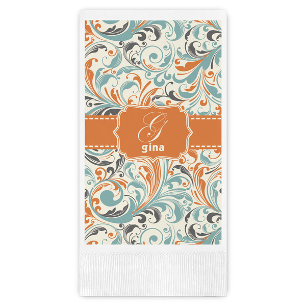 Custom Orange & Blue Leafy Swirls Guest Towels - Full Color (Personalized)