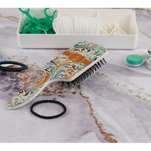 Orange & Blue Leafy Swirls Hair Brush - In Bathroom