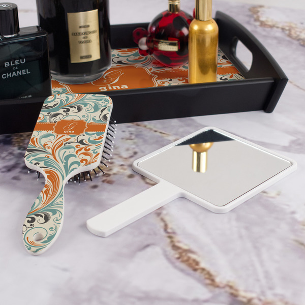 Orange & Blue Leafy Swirls Hair Brush - With Hand Mirror