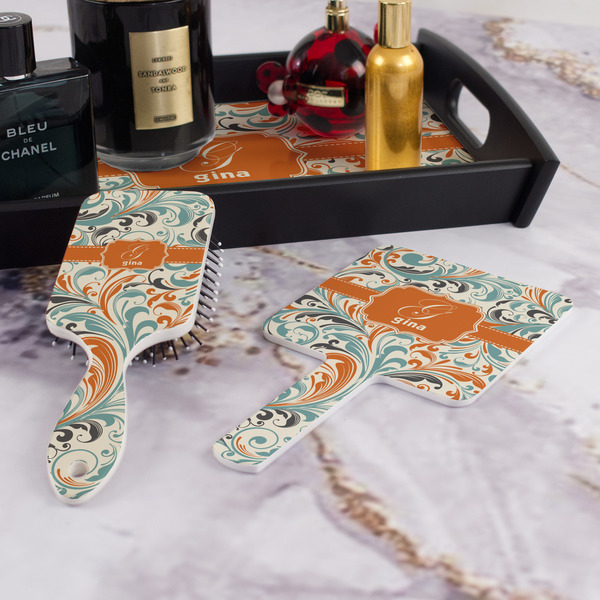 Orange & Blue Leafy Swirls Hair Brush and Hand Mirror - Bathroom Scene