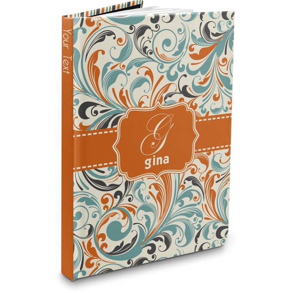 Custom Orange & Blue Leafy Swirls Hardbound Journal - 7.25" x 10" (Personalized)