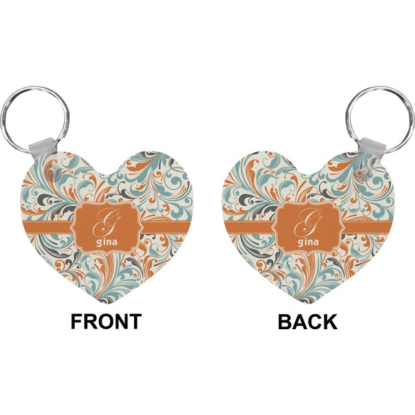 Orange & Blue Leafy Swirls Heart Keychain (Front + Back)
