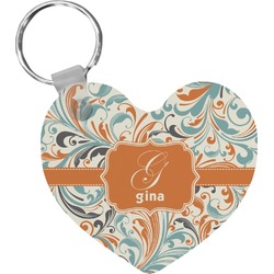 Orange & Blue Leafy Swirls Heart Plastic Keychain w/ Name and Initial