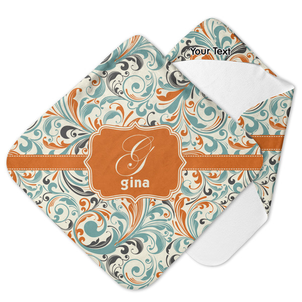Custom Orange & Blue Leafy Swirls Hooded Baby Towel (Personalized)