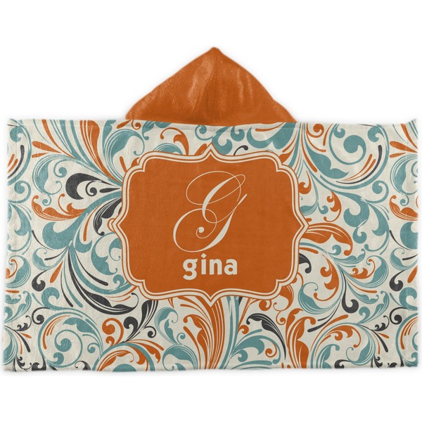 Custom Orange & Blue Leafy Swirls Kids Hooded Towel (Personalized)