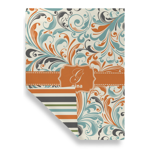 Orange & Blue Leafy Swirls House Flags - Double Sided - FRONT FOLDED