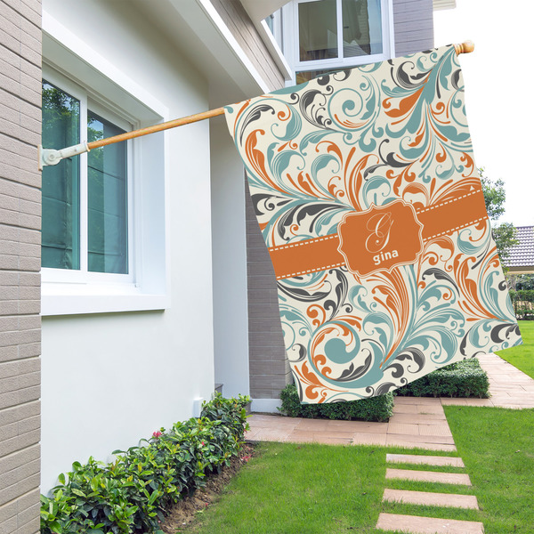 Orange & Blue Leafy Swirls House Flags - Double Sided - LIFESTYLE