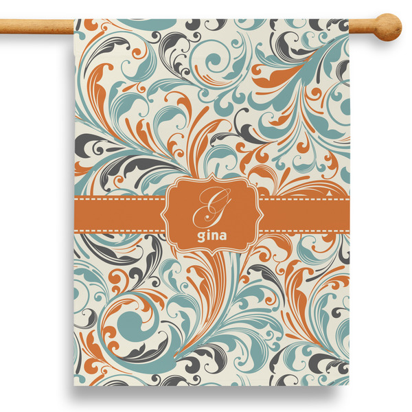 Custom Orange & Blue Leafy Swirls 28" House Flag (Personalized)