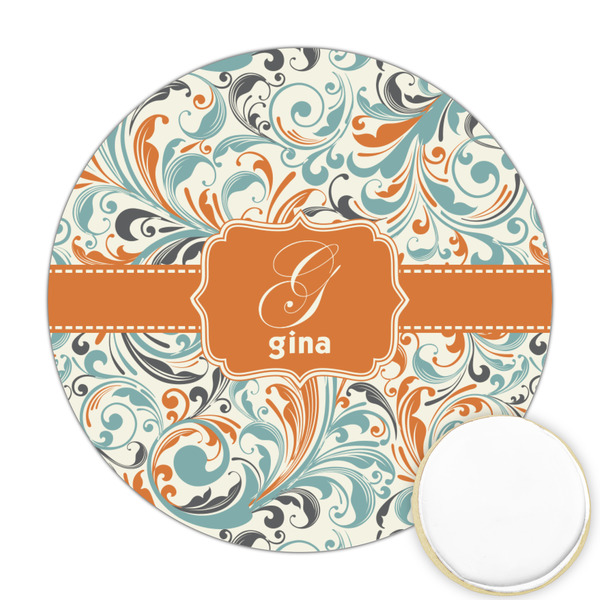 Custom Orange & Blue Leafy Swirls Printed Cookie Topper - 2.5" (Personalized)