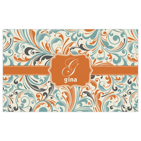 Orange & Blue Leafy Swirls Indoor / Outdoor Rug - 3'x5' - Front Flat