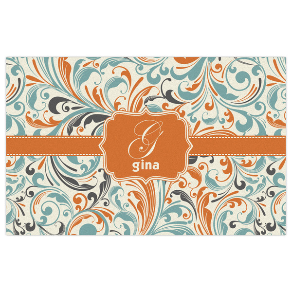 Orange & Blue Leafy Swirls Indoor / Outdoor Rug - 5'x8' - Front Flat