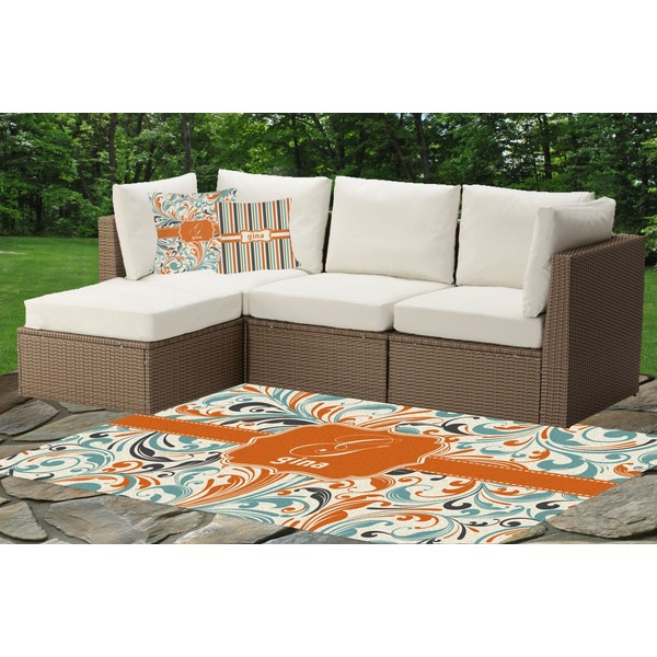 Orange & Blue Leafy Swirls Outdoor Mat & Cushions