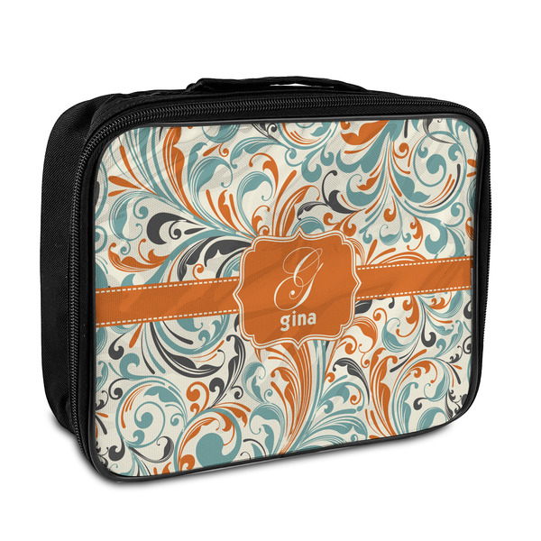 Custom Orange & Blue Leafy Swirls Insulated Lunch Bag (Personalized)