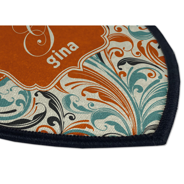 Orange & Blue Leafy Swirls Iron on Shield 3 Detail