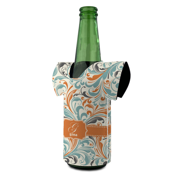Orange & Blue Leafy Swirls Jersey Bottle Cooler - ANGLE (on bottle)