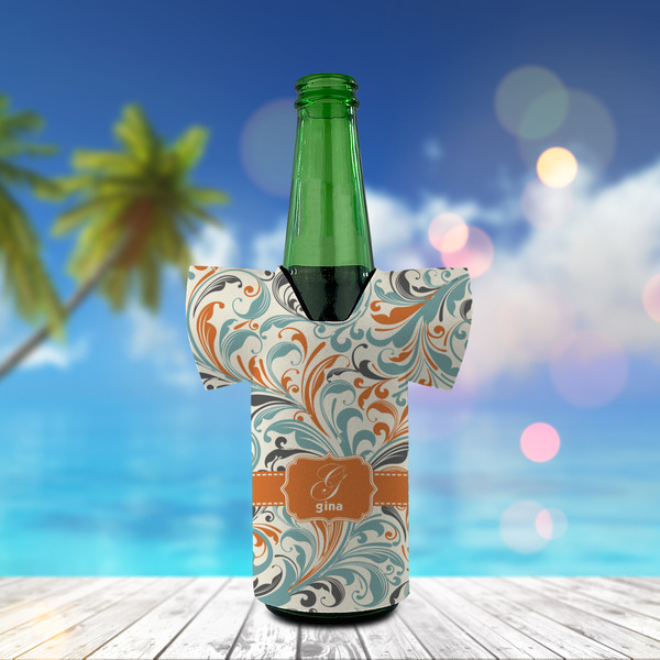Orange & Blue Leafy Swirls Jersey Bottle Cooler - LIFESTYLE