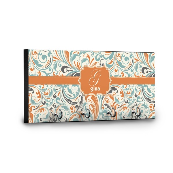 Orange & Blue Leafy Swirls Key Hanger - Front View with Hooks
