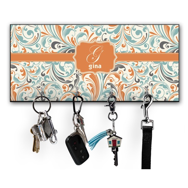 Custom Orange & Blue Leafy Swirls Key Hanger w/ 4 Hooks w/ Name and Initial