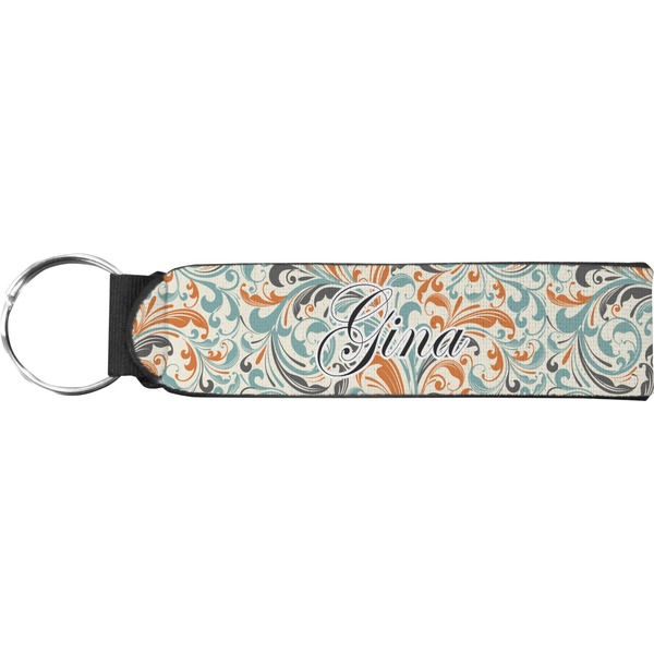 Custom Orange & Blue Leafy Swirls Neoprene Keychain Fob (Personalized)