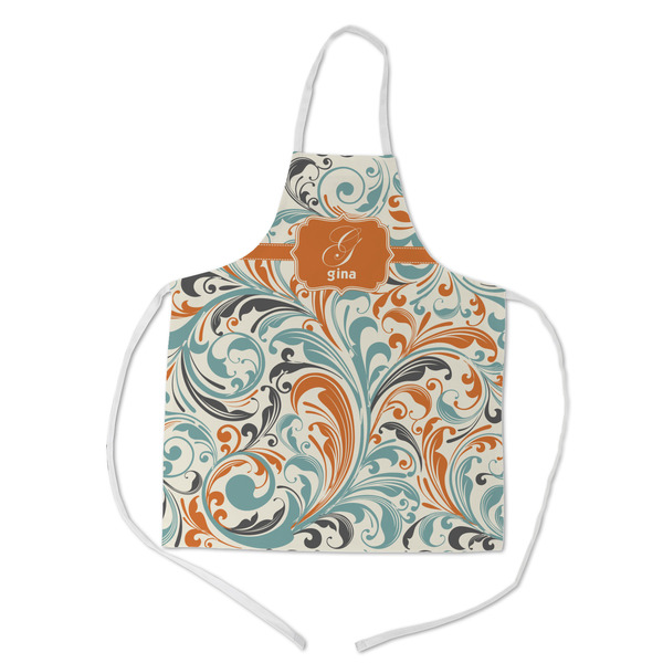 Custom Orange & Blue Leafy Swirls Kid's Apron w/ Name and Initial