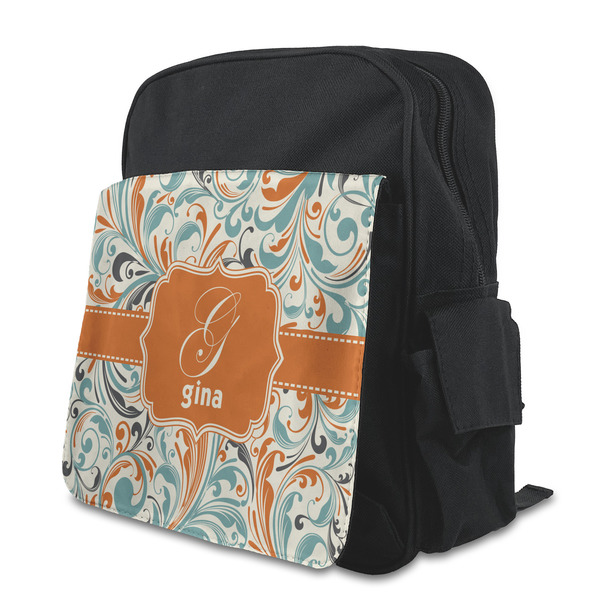 Custom Orange & Blue Leafy Swirls Preschool Backpack (Personalized)
