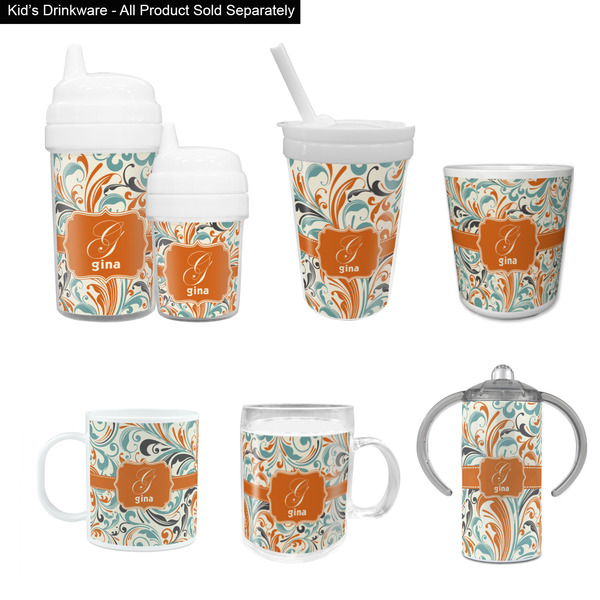 Orange & Blue Leafy Swirls Kid's Drinkware - Customized & Personalized
