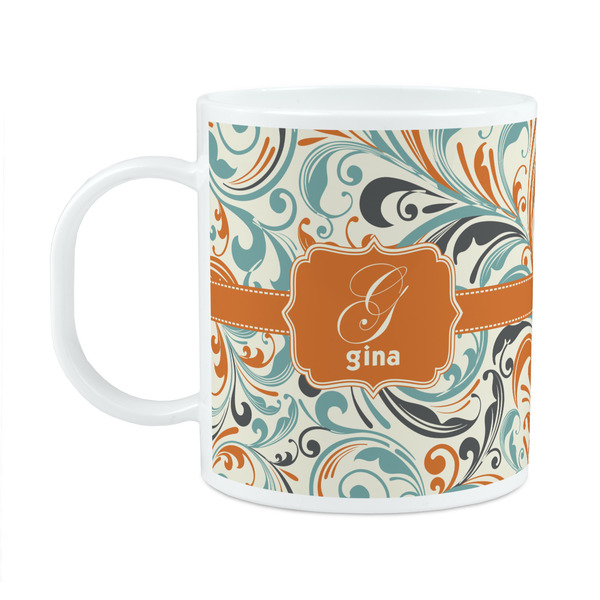Custom Orange & Blue Leafy Swirls Plastic Kids Mug (Personalized)