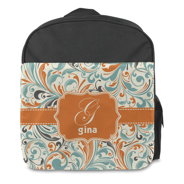 Orange & Blue Leafy Swirls Kids Backpack - Front