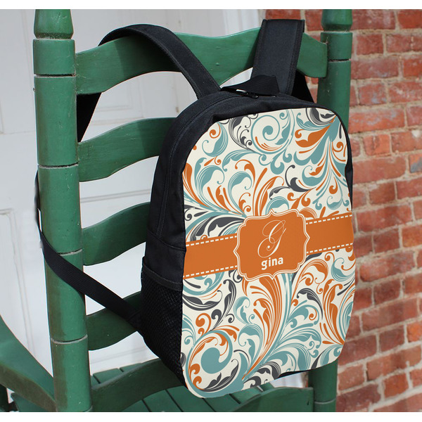 Orange & Blue Leafy Swirls Kids Backpack - In Context