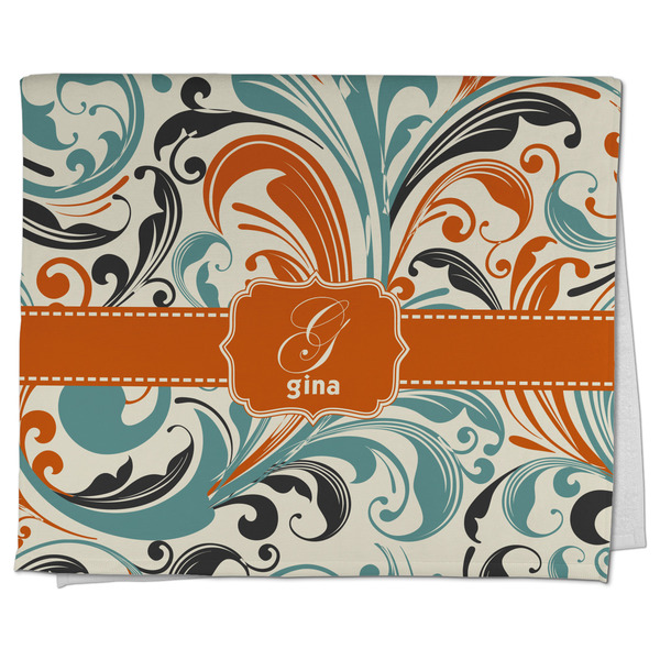 Custom Orange & Blue Leafy Swirls Kitchen Towel - Poly Cotton w/ Name and Initial